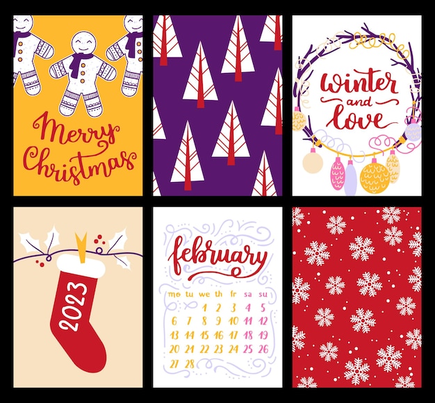 Векторная коллекция шаблонов рождественских плакатов Новый год 2023 набор рождественских поздравительных открыток Яркие цвета подарков и рукописные надписи для вашего приглашения и дизайна