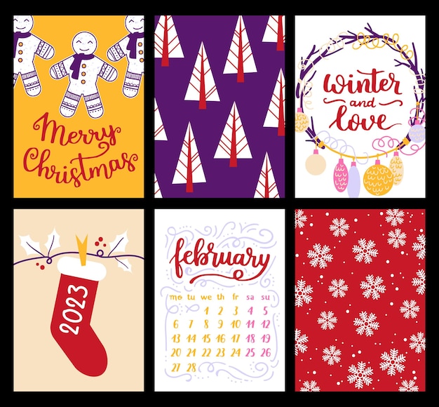 Vector collection of Christmas poster templates New year 2023 set of christmas greeting cards Bright colors presents and hand written lettering for your invitation and design