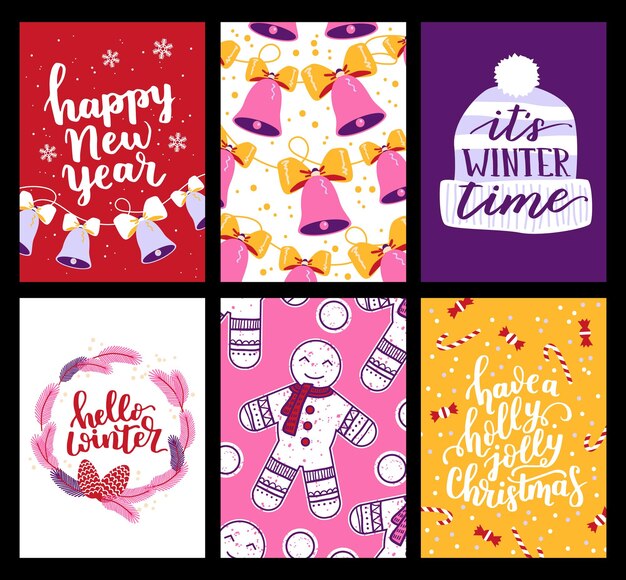 Vector collection of Christmas poster templates New year 2023 set of christmas greeting cards Bright colors presents and hand written lettering for your invitation and design