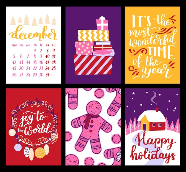 Vector collection of Christmas poster templates New year 2023 set of christmas greeting cards Bright colors presents and hand written lettering for your invitation and design