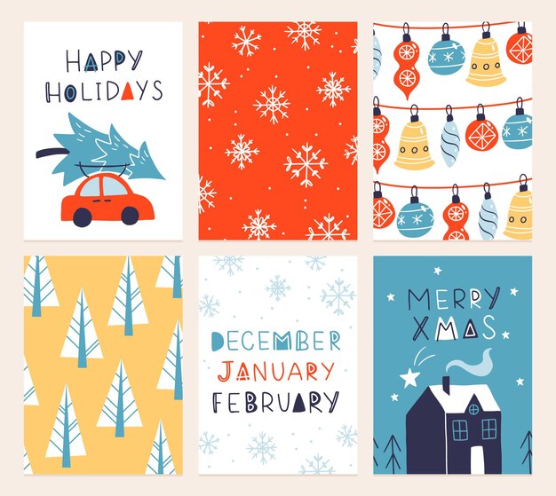 Vector collection of Christmas poster templates New year 2023 set of christmas greeting cards Bright colors presents and hand written lettering for your invitation and design