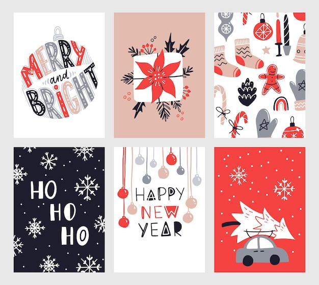 Vector collection of Christmas poster templates New year 2023 set of christmas greeting cards Bright colors presents and hand written lettering for your invitation and design