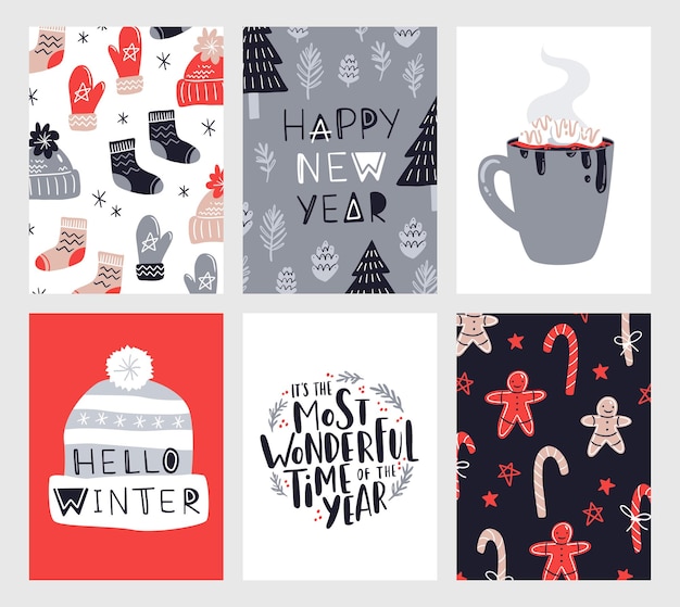 크리스마스 포스터 템플릿의 벡터 컬렉션 새해 2023 크리스마스 인사말 카드 세트 밝은 색상 선물 및 초대장 및 디자인을 위한 손으로 쓴 글자