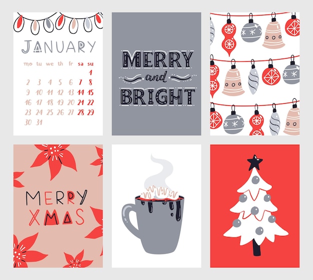 Vector collection of Christmas poster templates New year 2023 set of christmas greeting cards Bright colors presents and hand written lettering for your invitation and design