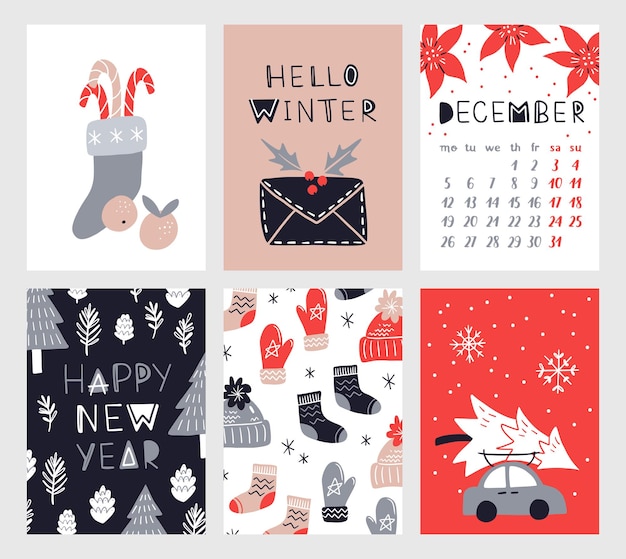 Vector collection of Christmas poster templates New year 2023 set of christmas greeting cards Bright colors presents and hand written lettering for your invitation and design