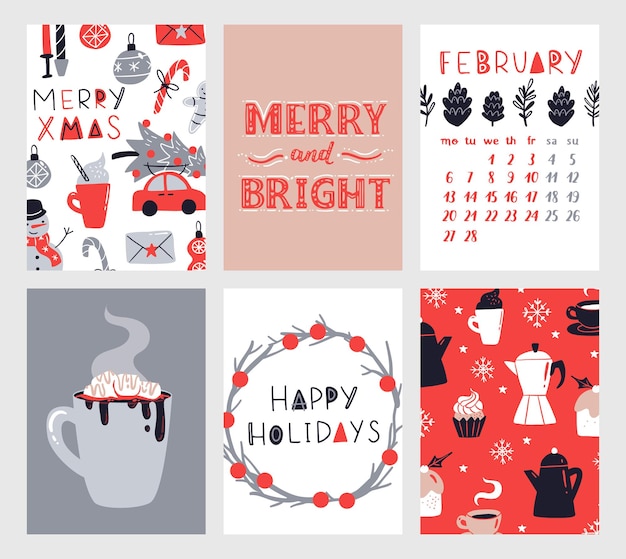 크리스마스 포스터 템플릿의 벡터 컬렉션 새해 2023 크리스마스 인사말 카드 세트 밝은 색상 선물 및 초대장 및 디자인을 위한 손으로 쓴 글자