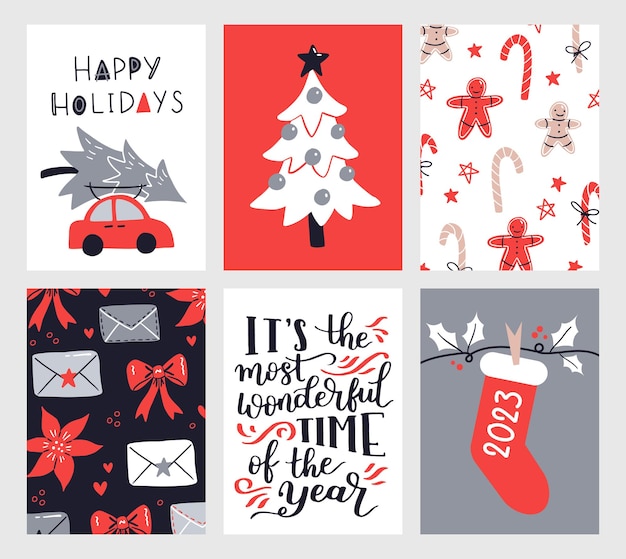 Vector vector collection of christmas poster templates new year 2023 set of christmas greeting cards bright colors presents and hand written lettering for your invitation and design