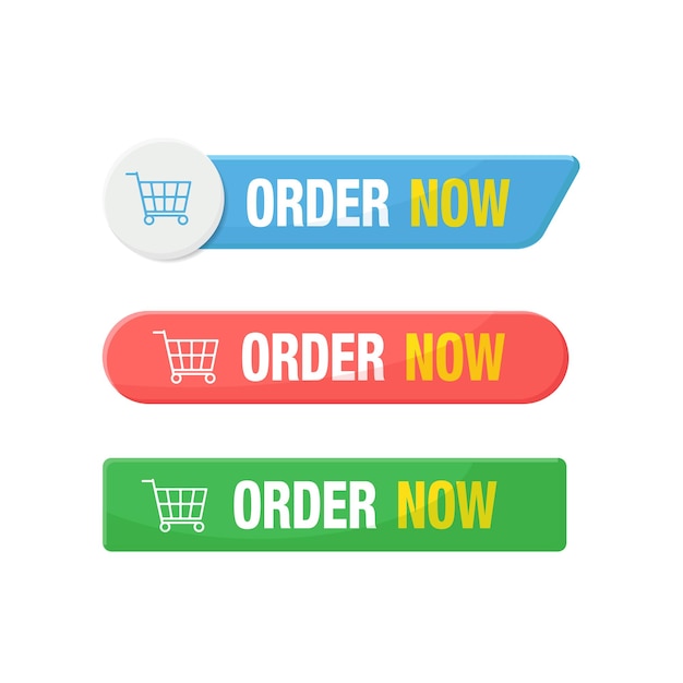 Vector vector collection of colored order badges. order now button with shopping cart.