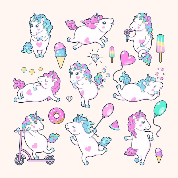 Vector collection of cute cartoon unicorns