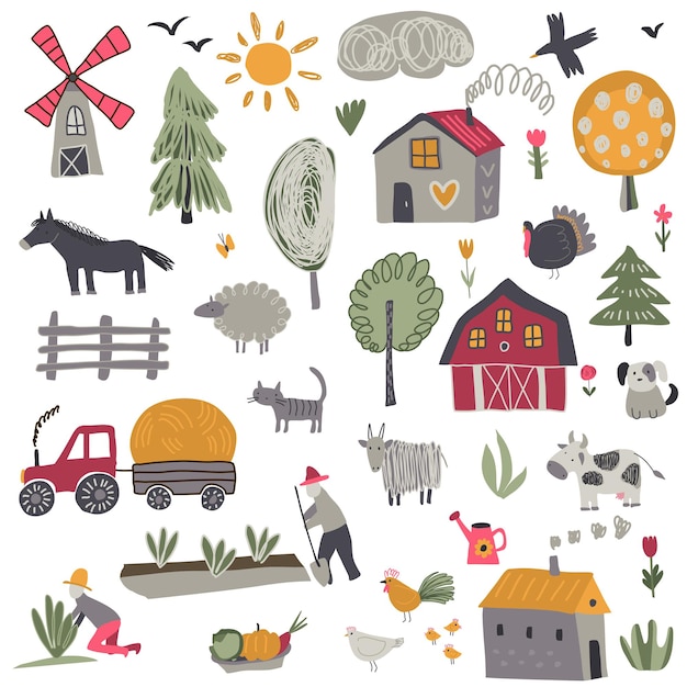 Vector collection of cute hand drawn farm animals trees houses tractor mill