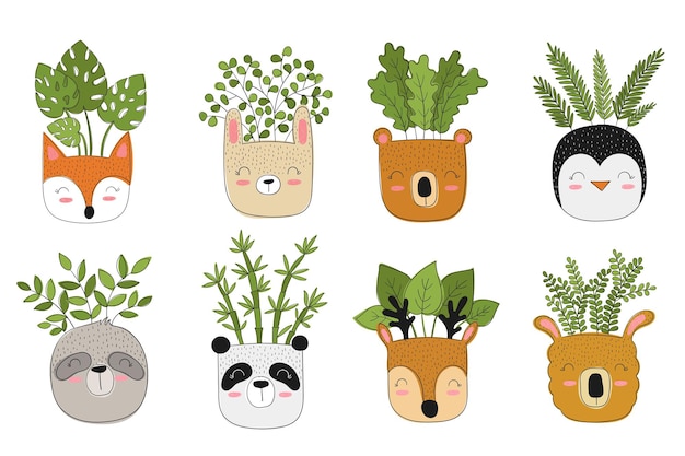 Vector collection of cute house plants in funny animal pots