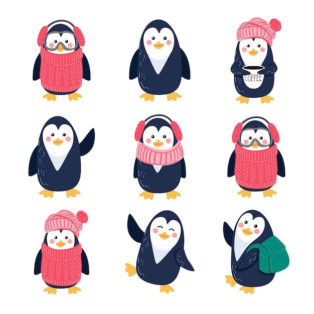 Vector collection of cute penguins isolated on white background. Flat icon design. Vector illustrati