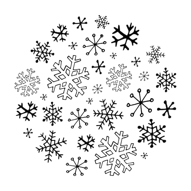 Vector collection of doodle snowflakes. simple hand drawn winter illustrations. christmas card, happy new year