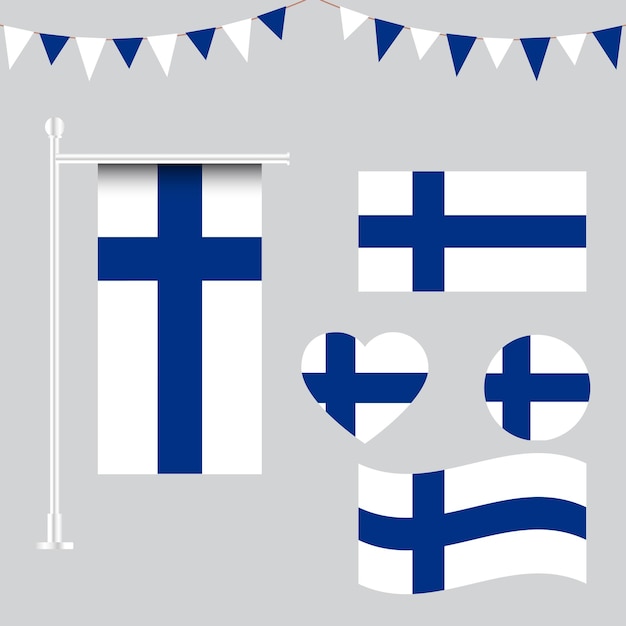 Vettore raccolta vettoriale di emblemi e icone della bandiera finlandese in diverse forme