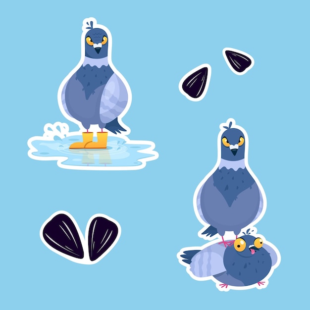 Vector vector collection of funny stickers with pigeons in cartoon style