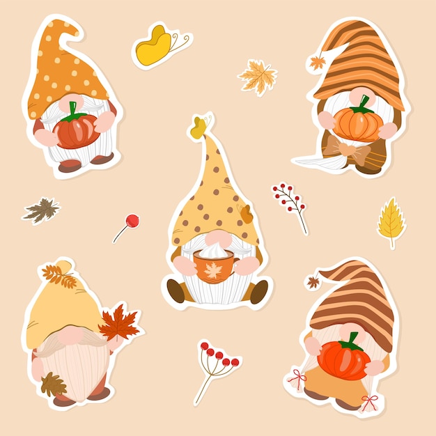 Vector  Collection of Gnome holding maple leaves pumpkin a cup of coffee Autumn Fall season