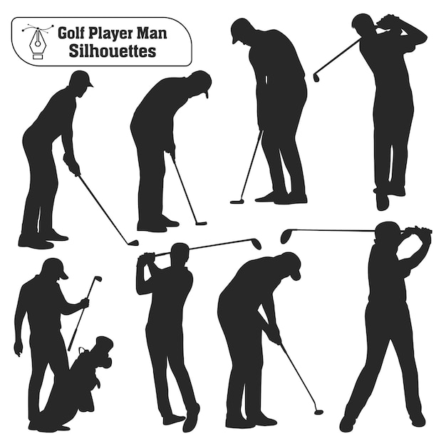 Vector vector collection of golf player male silhouettes in different poses