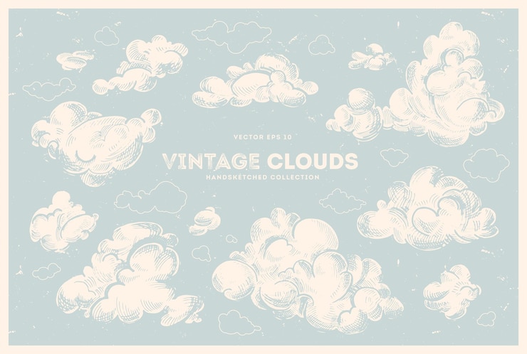 Vector vector collection of hand drawn clouds vintage sky retro style illustration cloudscape ink drawing nature background