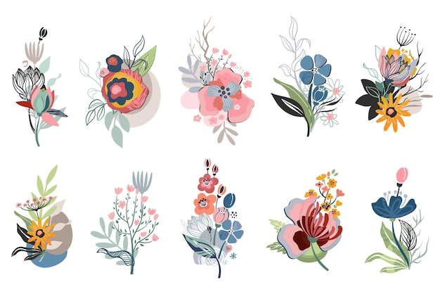 Vector vector collection of hand drawn compositions with flowers