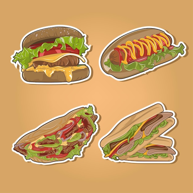 Vector vector collection of hand drawn stickers and pins with meal. fast food icons