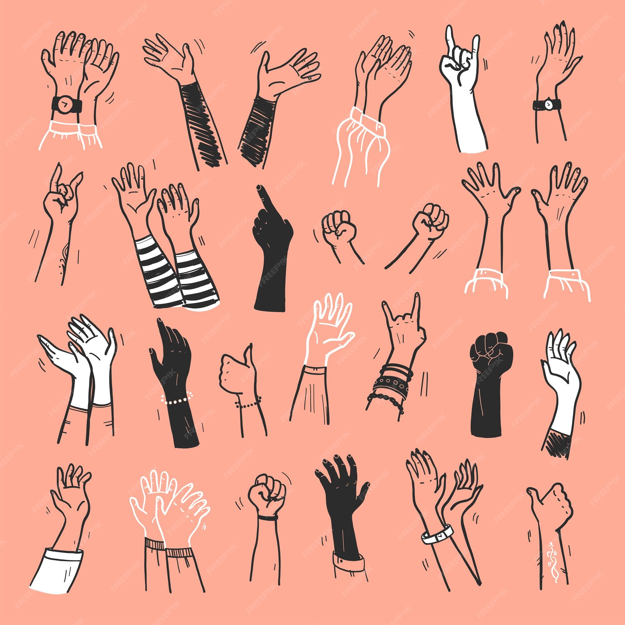 Premium Vector | Vector collection of human hands up, gestures, thumb up, greeting, applause so on isolated on light background. hand drawn, flat, sketch style. for cards, advertising, banners, invitations, tags etc. Premium Vector | Vector collection of human hands up, gestures, thumb up, greeting, applause so on isolated on light background. hand drawn, flat, sketch style. for cards, advertising, banners, invitations, tags etc.