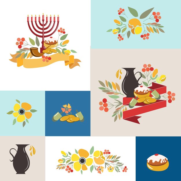 Vector vector collection of labels and elements for hanukkah. signature "happy hanukkah" with flowers, coins, candles, donuts, ribbons and herbs. flower template for postcard, invitation card or your design