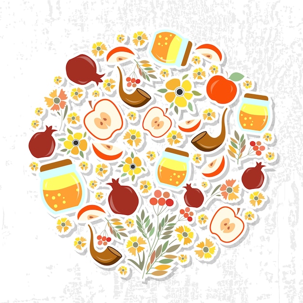 Vector collection of labels and elements for Rosh Hashanah (Jewish New Year). Icon or badge for  "Rosh Hashanah" (New Year). Template for postcard or invitation card with flowers