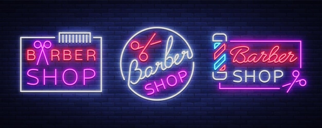 Collezione vettoriale loghi insegna al neon negozio di barbiere per il tuo design per un'etichetta un segno un segno o una pubblicità hipster uomo parrucchiere logo cartellone al neon brightsign banner luminoso