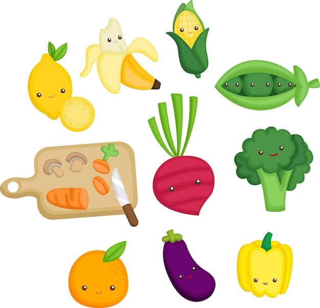 a vector collection of many cute fruits and vegetable