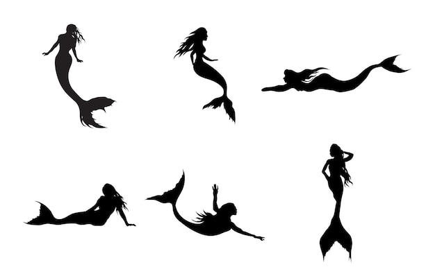 A vector collection of mermaid silhouettes for artwork compositions.