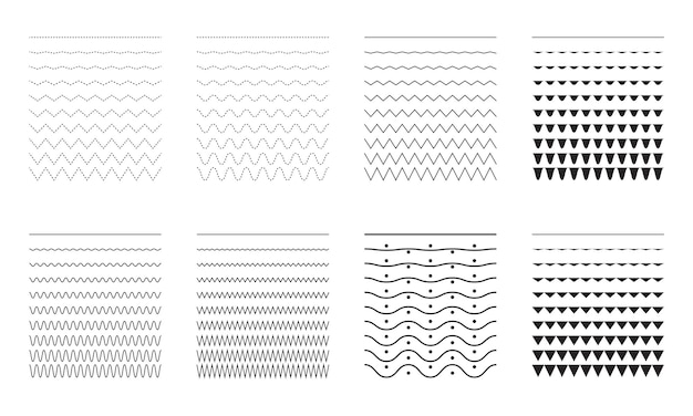 Векторная коллекция различной тонкой линии, широкой и узкой волнистой линии, большой набор волнистых пышных и зигзагообразных