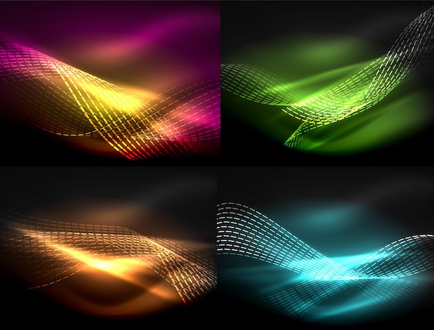 어두운 추상적인 배경에 빛나는 네온 모양의  ⁇ 터 컬렉션 디지털 테크노 일러스트레이션