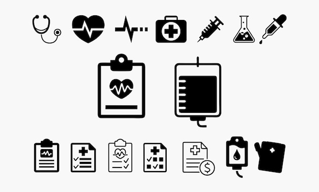 Вектор Векторный сбор медицинских икон, включая медицинское устройство и медицинское оборудование