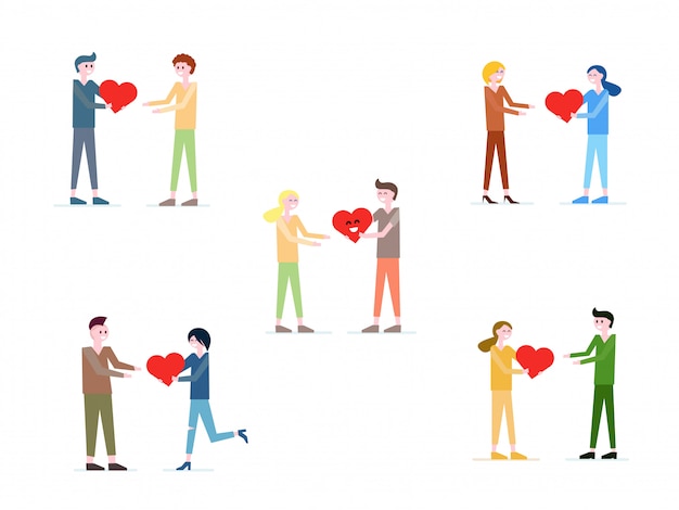 Векторная коллекция людей, дающих красное сердце друг другу.