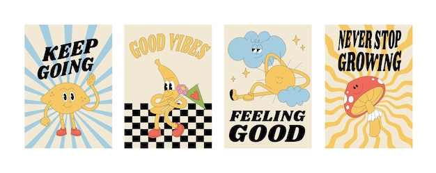 Collezione vettoriale di poster groovy retrò con personaggi sole limone banana e fungo con citazione tipografica cartello per la stampa