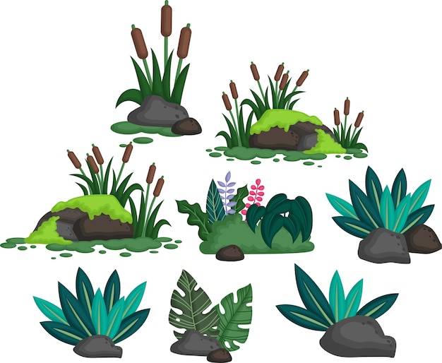 A vector collection of rocks with plants