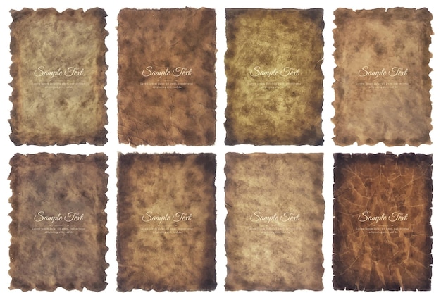 Vector collection set old parchment paper sheet vintage aged or texture isolated on white background