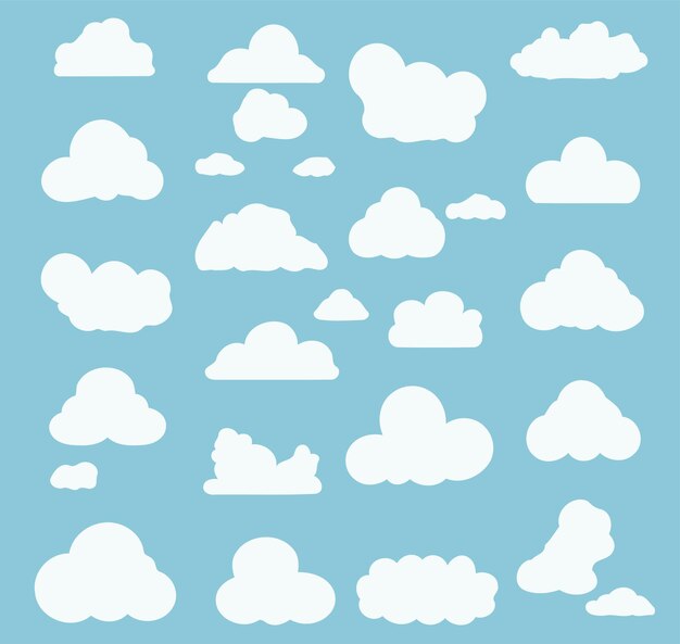 vector collection set of solid white cloud on light blue background