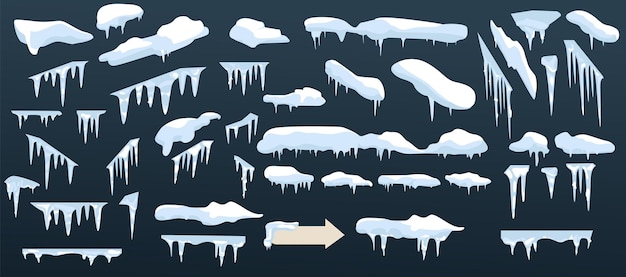 Collezione vettoriale di ghiaccioli di cumulo di calotte di neve isolati su sfondo palloncino di neve di ghiaccio trasparente e