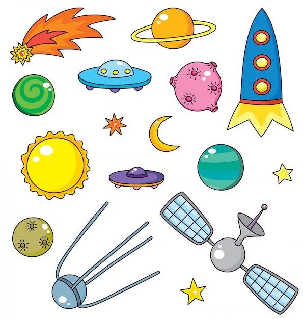 우주선, 행성 및 별의 벡터 컬렉션