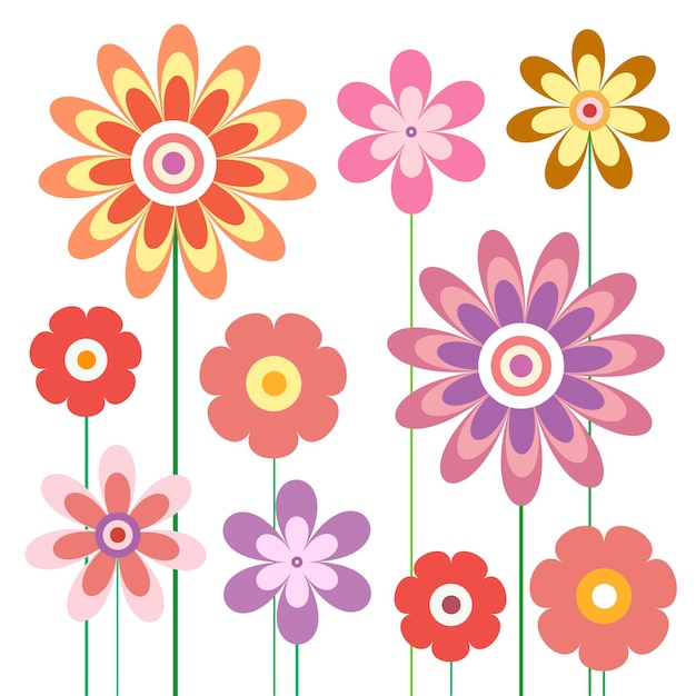 Vector collection of spring flowers Simple multicolored flowers in trendy style For creating patterns surface design Design of notebooks postcards posters