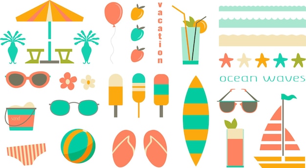 Vector collection of summer objects in a flat style simple summer stickers seasonal illustrations