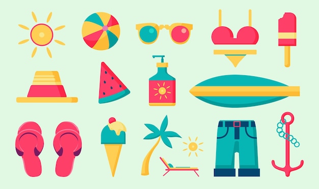 Vector collection of summer objects in a flat style simple summer stickers seasonal illustrations