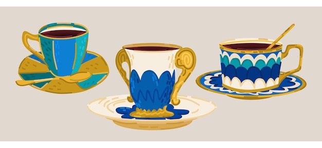 Vector collection of three different cups with coffee White cups with blue and golden decor