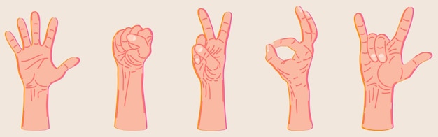 Vector vector collection of various hand gestures with bright outline. isolated on light beige background.