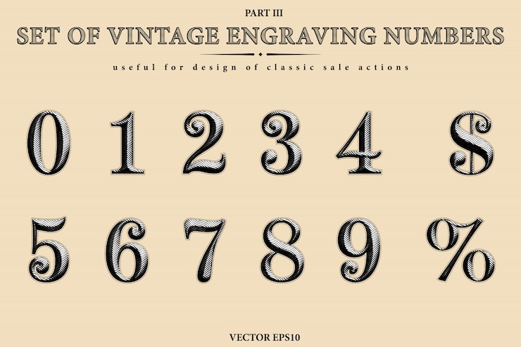 Vector vector collection of the vintage engraving numbers. set of figures from 0 to 9, dollar symbol and percent sign.