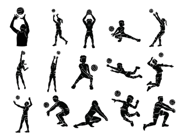 Vector collection of volleyball player silhouettes in different poses