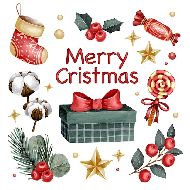 Vector collection of watercolor christmas elements and lettering