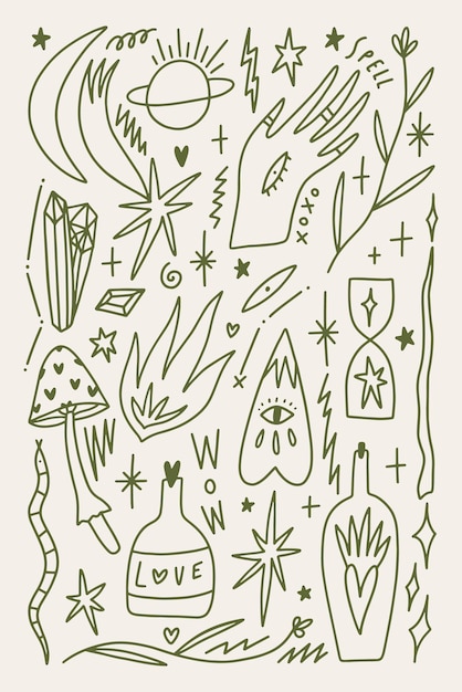 Vector collection of witchcraft cartoon elements green witch magic symbols set