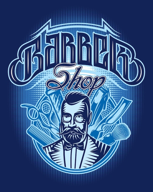 Vector color badge with barber and accessories for the barbershop